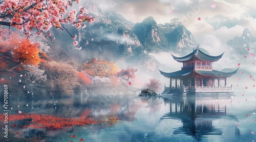 A picturesque scene of an ancient Chinese pavilion nestled amidst the misty mountains, surrounded by vibrant autumn foliage and delicate cherry blossoms floating on the shimmering lake below