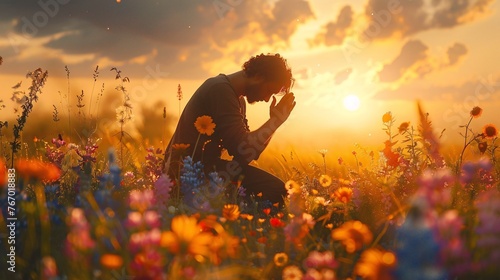 a man kneeling in a field of flowers with his hands together photo