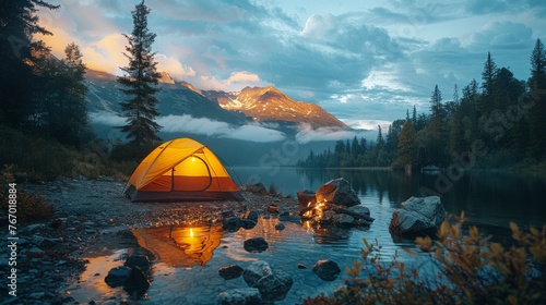 Tent Set Up Next to Campfire