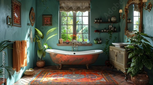 Spacious Bathroom With Bathtub and Rug