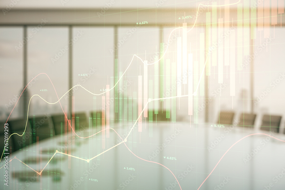 Multi exposure of abstract virtual financial graph hologram on a modern conference room background, forex and investment concept Multi exposure of abstract virtual financial graph hologram on a modern conference room background, forex and investment concept