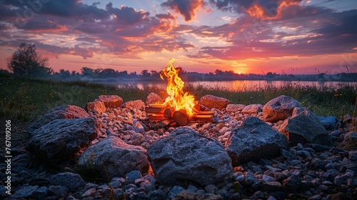 Campfire, Rocks, and Sunset