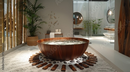 Large Wooden Bathtub on White Floor