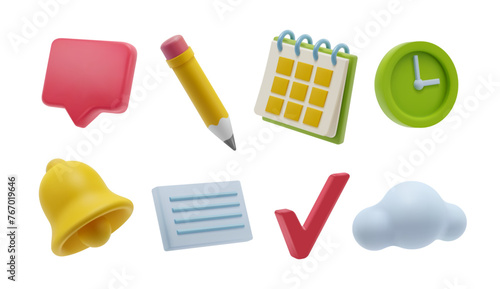 Organization and planning of time, management of tasks and workflow at work. Vector isolated realistic icons, pencil and calendar, clock and notification bell, checkmark and cloud service