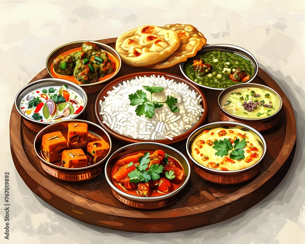 a traditional Indian thali a circular platter featuring an array of delectable dishes and accompaniments