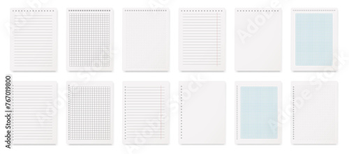 Planner or notebook pages with lines and chequered grid for writing. Vector isolated realistic diary with spiral binder holes on top and sides. Mockup of empty blank sheets of sketchbooks