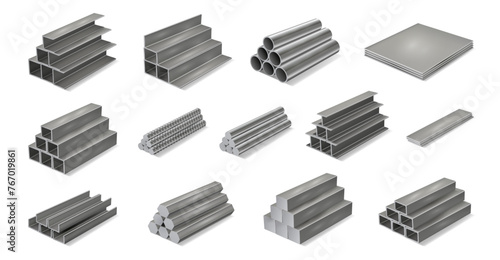 Stack of pipes, isolated realistic pile of metal parts for building and industry construction. Vector engineering and repairing, plumbing and drainage systems. Pipelines and piping technologies