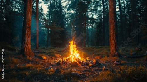 Campfire Burning in Forest Clearing
