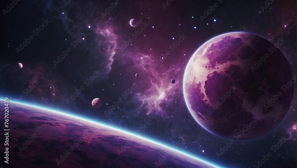 Purple planets and space nebula galaxy background