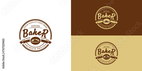 Vintage Retro Bakery Bake Shop Label Sticker Logo in multiple brown colors isolated on multiple background colors. The logo is suitable for bakery and pastry business industry logo design inspiration