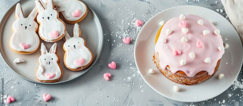 A white plate on a gray background with space for text showcasing a homemade Easter cake topped with pink icing and bunny cookies. A white plate on a gray background with space for text showcasing a homemade Easter cake topped with pink icing and bunny cookies.