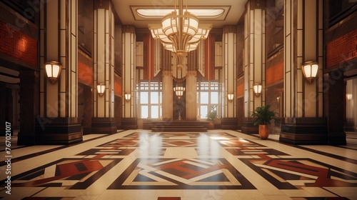 Art deco skyscraper lobby with geometric patterns and rich materials.
