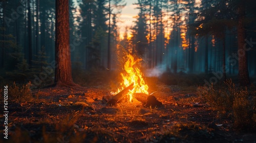 Campfire Burning in Forest Clearing