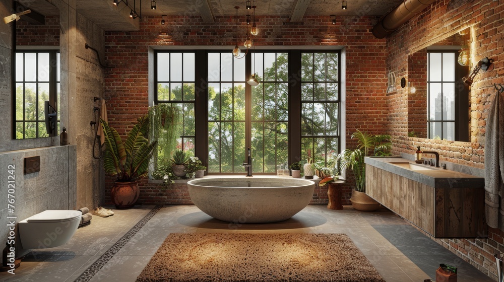 Spacious Bathroom With Brick Wall and Large Tub Spacious Bathroom With Brick Wall and Large Tub