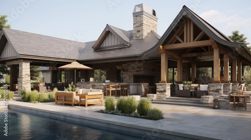 Arts & Crafts inspired pool house with natural cedar siding tapered stone columns lanai curtains and integrated stone firepit lounge.