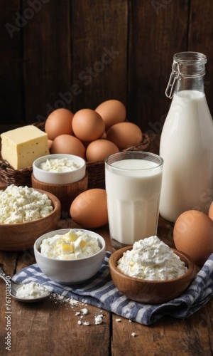 Fresh dairy products  milk  cottage cheese  eggs  yogurt  sour cream and butter on wooden table