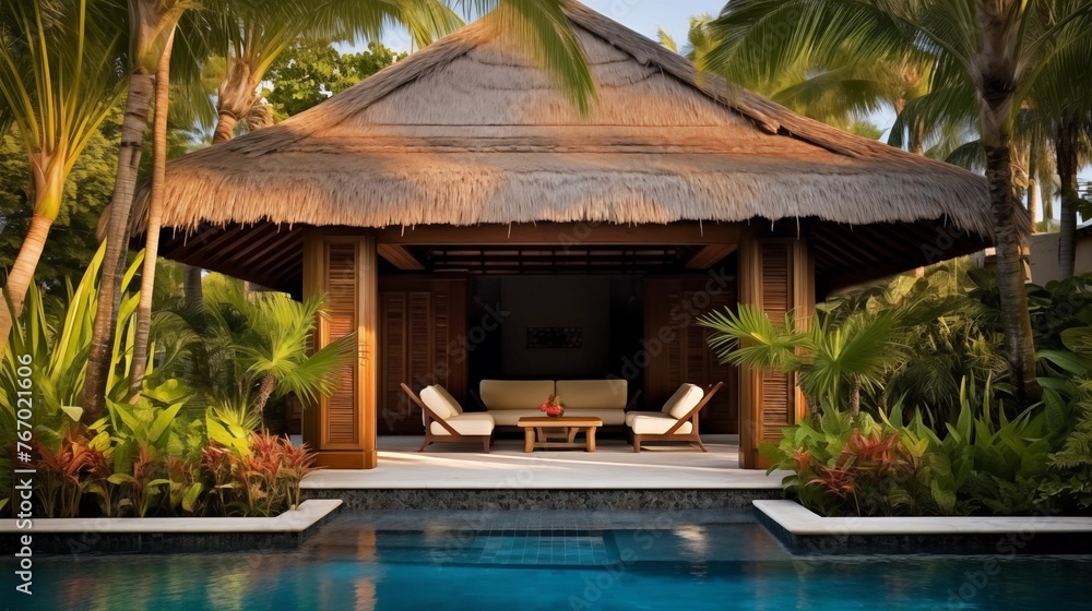 Bali-inspired pool pavilion with soaring thatched ceilings tropical foliage and resort-caliber water features. Bali-inspired pool pavilion with soaring thatched ceilings tropical foliage and resort-caliber water features.