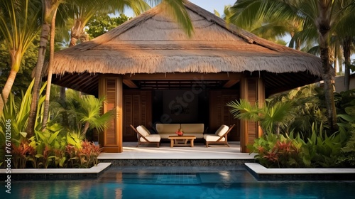 Bali-inspired pool pavilion with soaring thatched ceilings tropical foliage and resort-caliber water features.