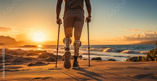 a person with prosthetic leg walking on a beach
