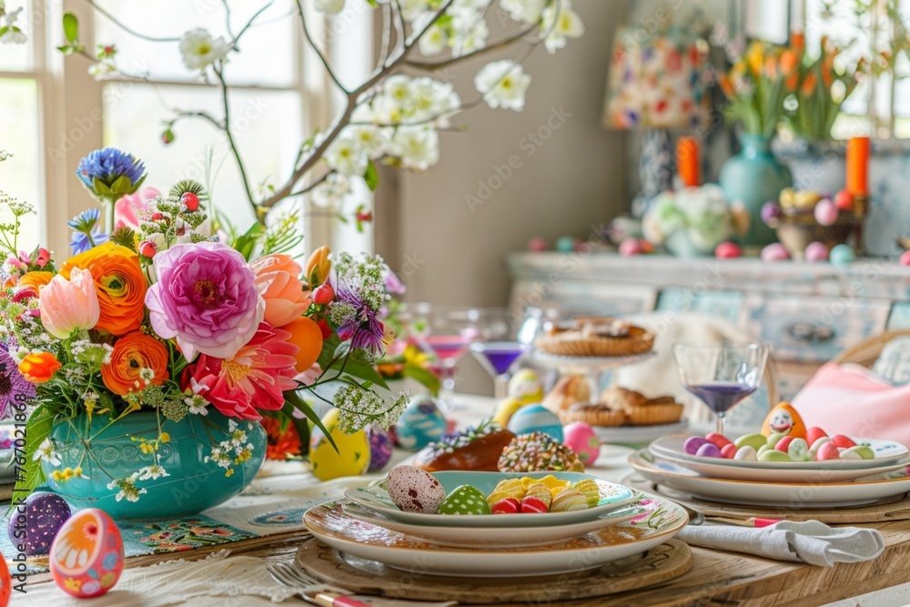 : A warm scene of a decorated table set for an Easter brunch, with colorful plates, delicious-looking pastries, and a centerpiece made of vibrantly dyed Easter eggs and spring flowers