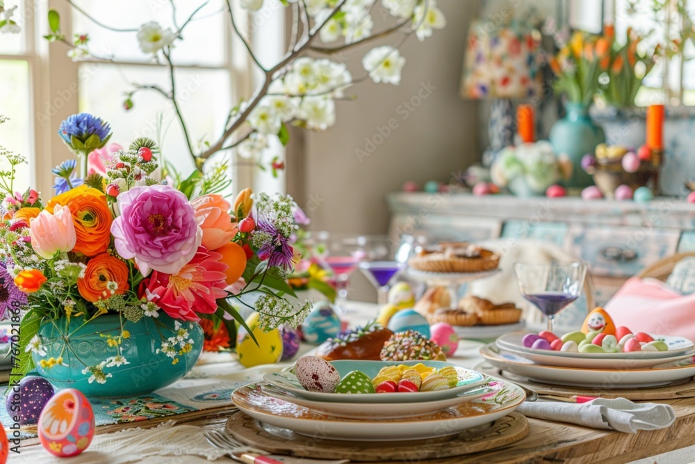 : A warm scene of a decorated table set for an Easter brunch, with colorful plates, delicious-looking pastries, and a centerpiece made of vibrantly dyed Easter eggs and spring flowers : A warm scene of a decorated table set for an Easter brunch, with colorful plates, delicious-looking pastries, and a centerpiece made of vibrantly dyed Easter eggs and spring flowers