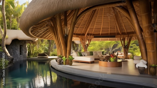 Balinese-inspired tropical outdoor pavilion with soaring thatched wood ceilings stone sculptures and infinity pool edges.