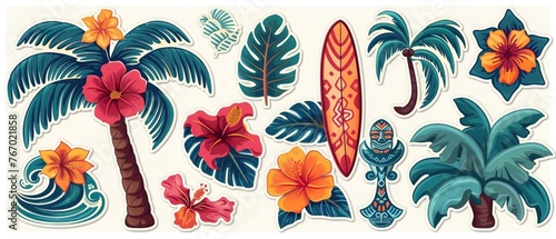 Large Set of assorted summer stickers in tropical Hawaiian style - palm tree, traditional mask, flowers on a white background