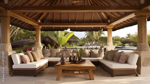 Balinese-inspired outdoor living room pavilion with soaring thatched ceilings carved wood pillars and pebble courtyard. © Aeman