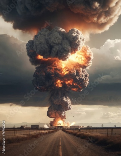 Nuclear boms. Atomic bomb explosion on landscape with copy space. Political issue,weapon,war concept