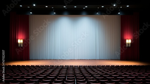 Empty movie theater with a white screen and small lamps with dimmed lights on the right and left walls --no people  photo