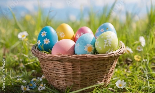 Colorful painted Easter eggs in basket in fresh green grass .  Easter decoration, banner