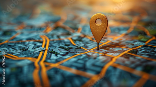 Find your way. Location marking with a pin on a map with routes. Adventure, discovery, navigation, communication, logistics, geography, transport and travel theme concept background photo