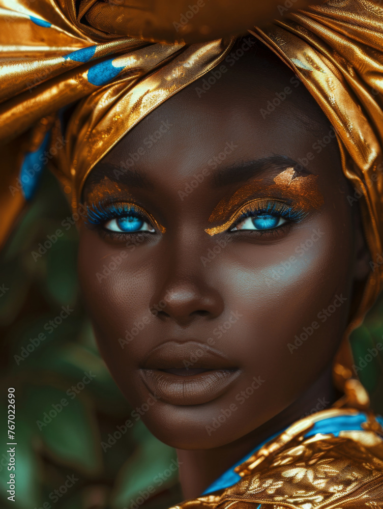 black woman, blue eyes, golden eye shadow