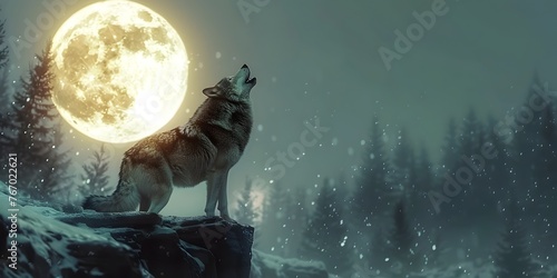 Howling Wolf Under the Mystical Full Moon in the Untamed Wilderness of a Winter Landscape