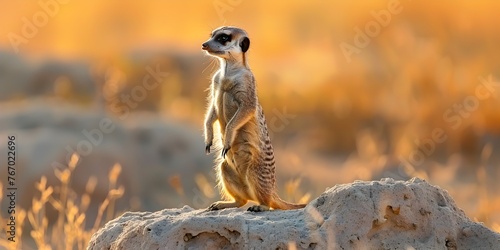 Vigilant Meerkat Standing Guard in Arid Desert Landscape with Copy Space © Thares2020