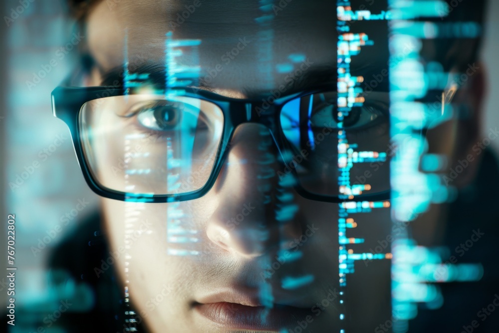 frontal portrait of an Asian male data analyst wearing glasses with computer graphics reflection on his glasses frontal portrait of an Asian male data analyst wearing glasses with computer graphics reflection on his glasses