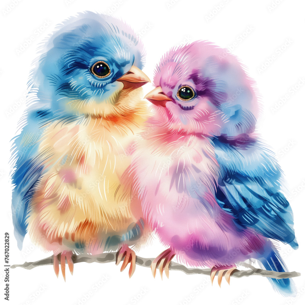 Two birds with blue and pink feathers are sitting on a branch