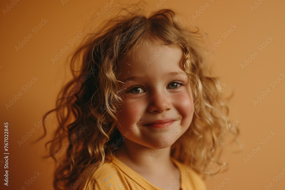 Portrait of a cute little girl with curly hair on a yellow background Portrait of a cute little girl with curly hair on a yellow background