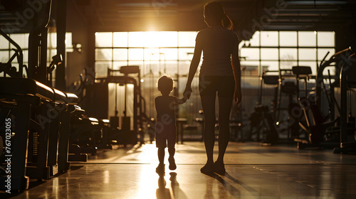 Cinematic photograph of a mother holding child hand  at the gym . Mother's Day. photo