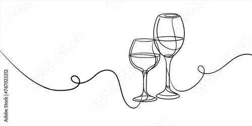 Continuous line champagne cheers one line art, continuous drawing contour. Wine glasses with drinks. Cheers toast festive decoration for holidays. Vector illustration