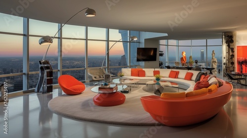 Bold high-rise penthouse with curves of glass sweeping city views and sleek modern furnishings.