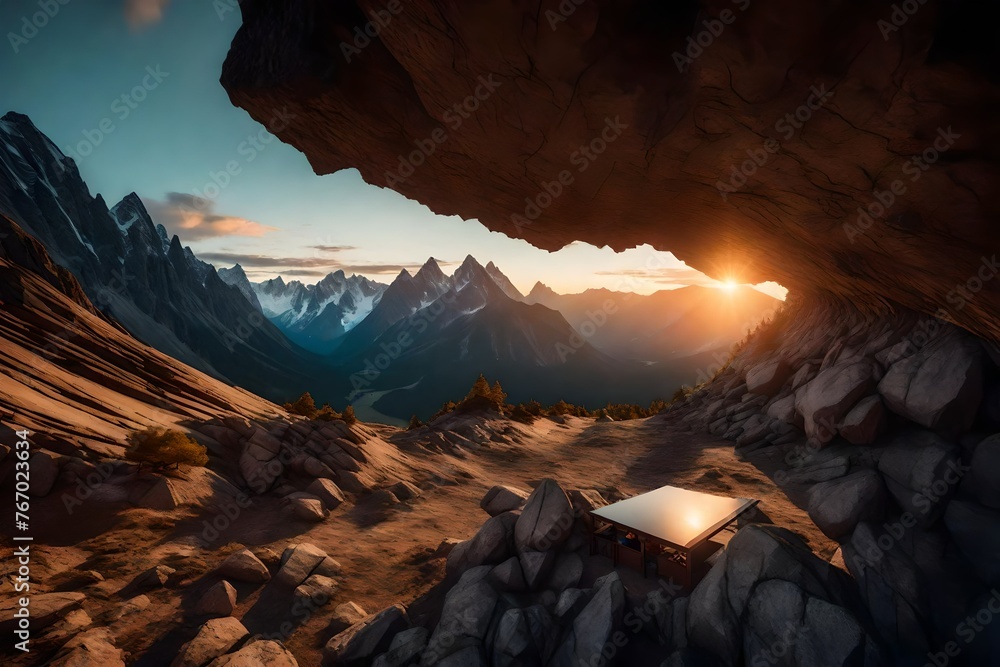 a cave with rocky mountains in background. Adventure Composite. 3d Rendering Peak. Aerial Image of landscape from British Columbia, Canada. Sunset Sky - obrazy, fototapety, plakaty 