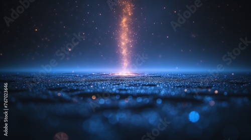  A blue and black background with stars and two bright lights at opposite ends of the image