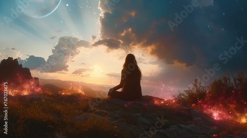 Silhouette of a person sitting on a rock, contemplating a dramatic sunset with vibrant clouds and a glowing horizon.