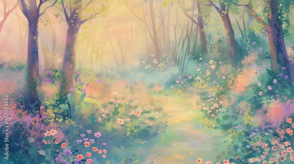  Enchanted Forest Path, Dreamy Floral Landscape, Magical Nature Illustration