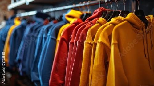 Rack of Colorful Hoodies in Store