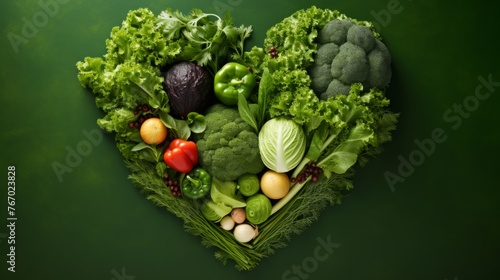 Heartshaped fresh veggies on a green backdrop 