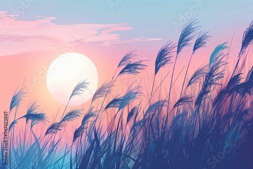 Pastel Reed Silhouettes at Dawn, Serene Landscape Background