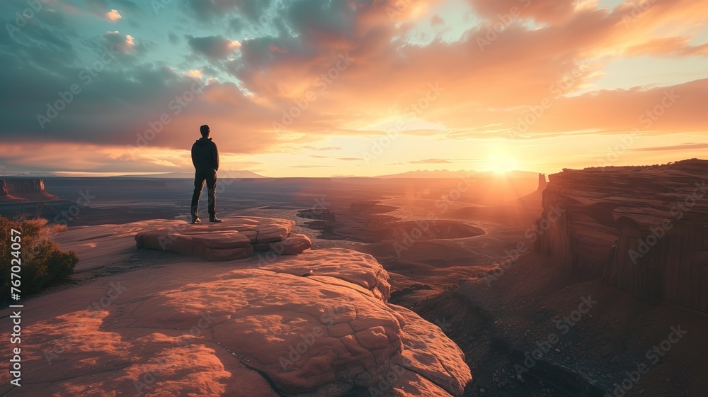Silhouette of a person standing on a cliff overlooking a dramatic sunset with vibrant clouds and expansive views.