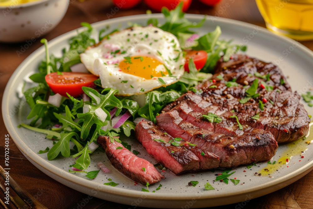 A plate of steak and eggs with a side of salad. The plate is on a wooden table